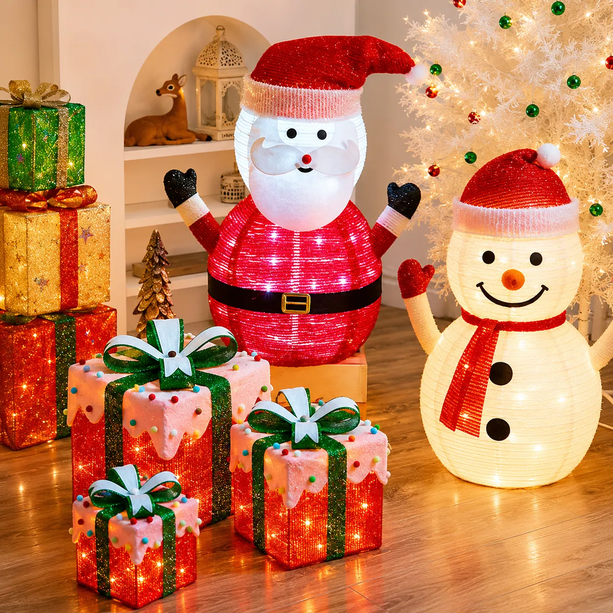 Solar Santa Snowman Gift Box Lights in use