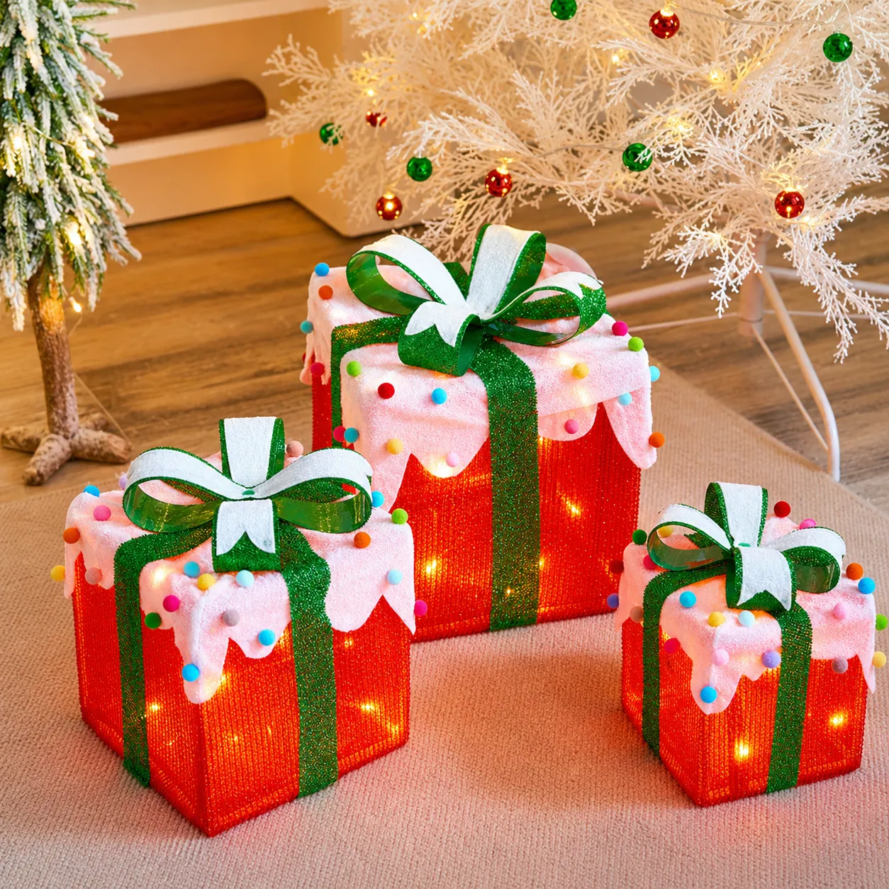 Solar Santa Snowman Gift Box Lights in use