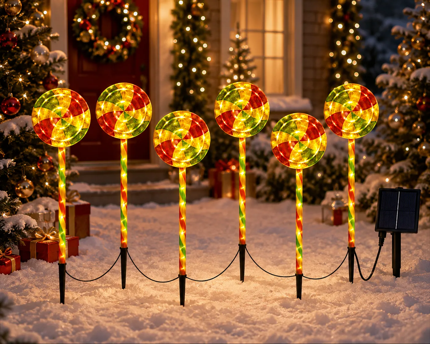 Solar Candy Cane Christmas Stake Lights in use