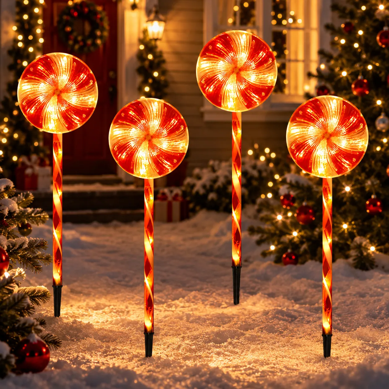 Solar Candy Cane Christmas Stake Lights in use