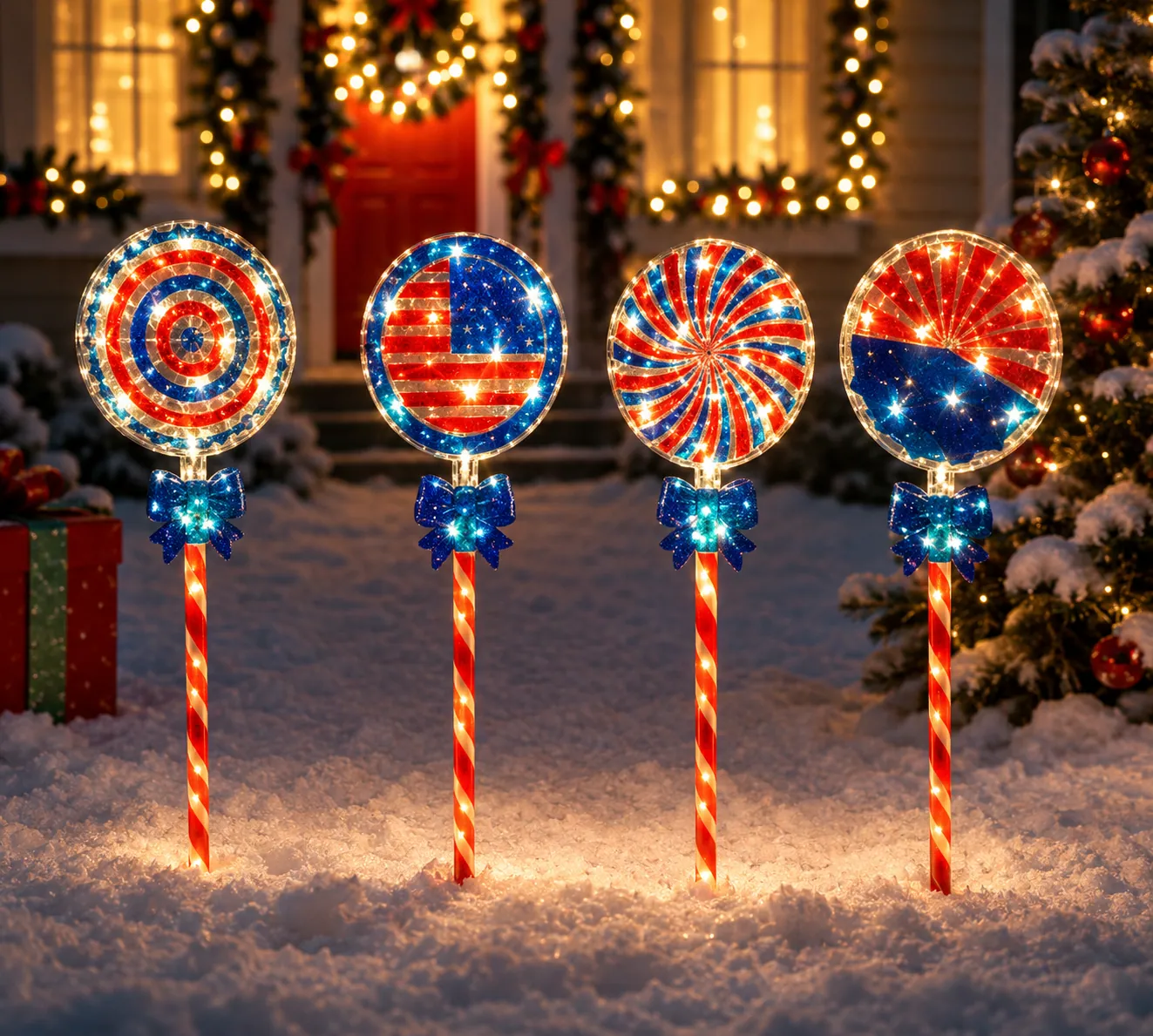 Solar Candy Cane Christmas Stake Lights in use