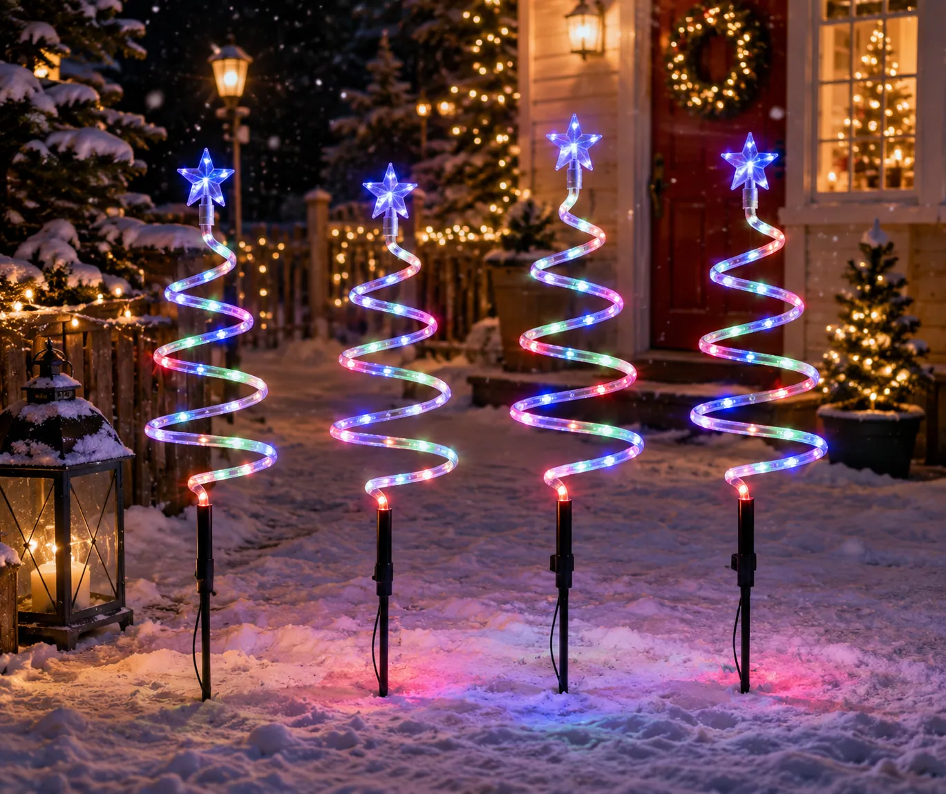 Solar Christmas Tree Yard Stake Lights in use