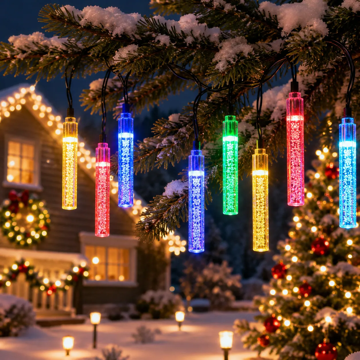 Solar Christmas Icicle Lights in use