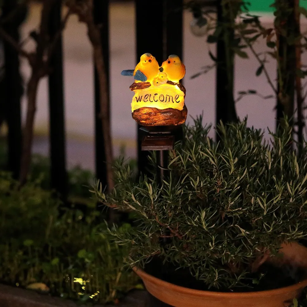 Solar Bird Stake Lights in use